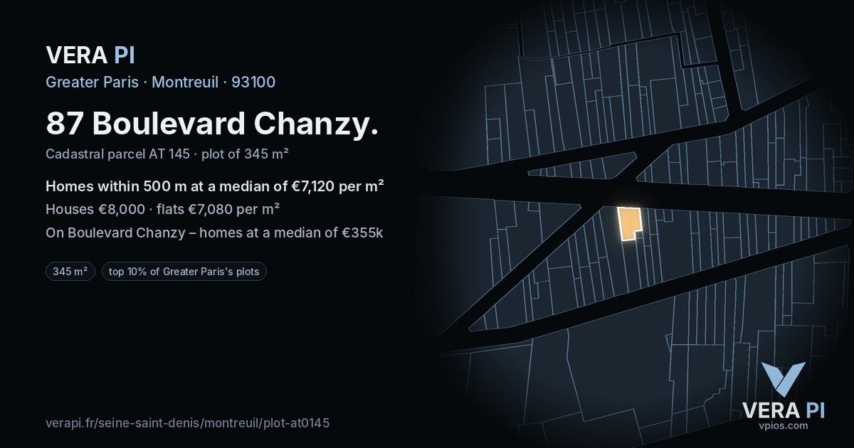 87 Boulevard Chanzy, Montreuil at night – the plot lit, the parcels around coloured by the prices near them