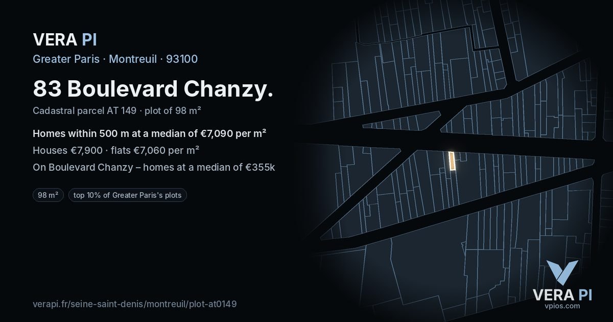 83 Boulevard Chanzy, Montreuil at night – the plot lit, the parcels around coloured by the prices near them