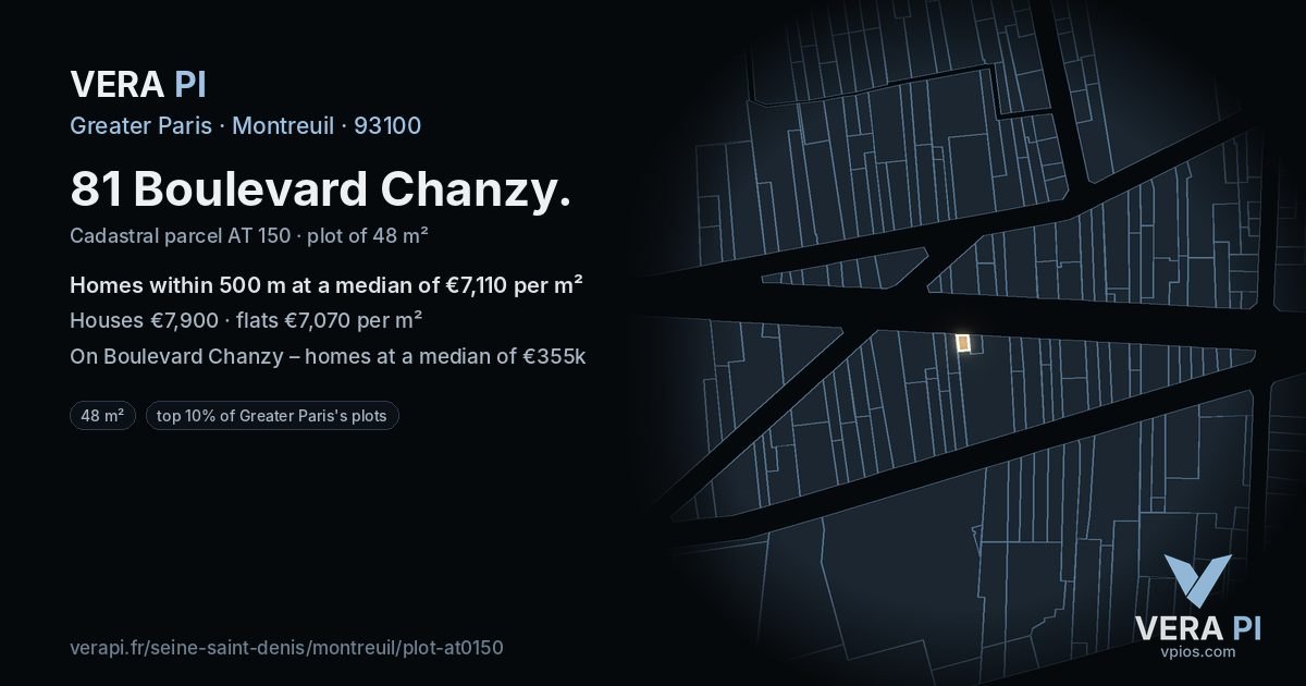81 Boulevard Chanzy, Montreuil at night – the plot lit, the parcels around coloured by the prices near them