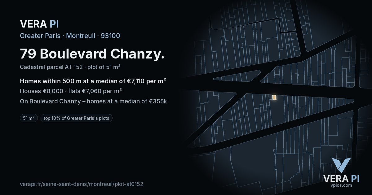 79 Boulevard Chanzy, Montreuil at night – the plot lit, the parcels around coloured by the prices near them