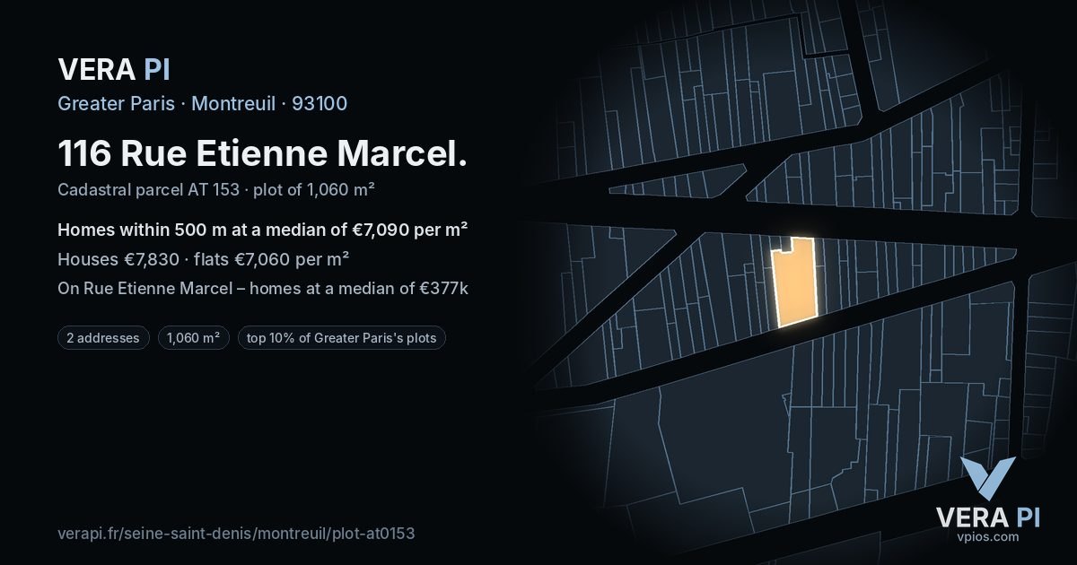 116 Rue Etienne Marcel, Montreuil at night – the plot lit, the parcels around coloured by the prices near them