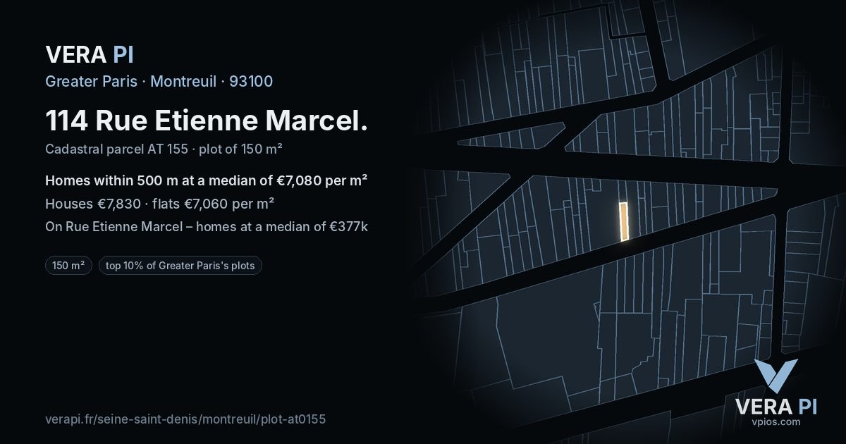 114 Rue Etienne Marcel, Montreuil at night – the plot lit, the parcels around coloured by the prices near them