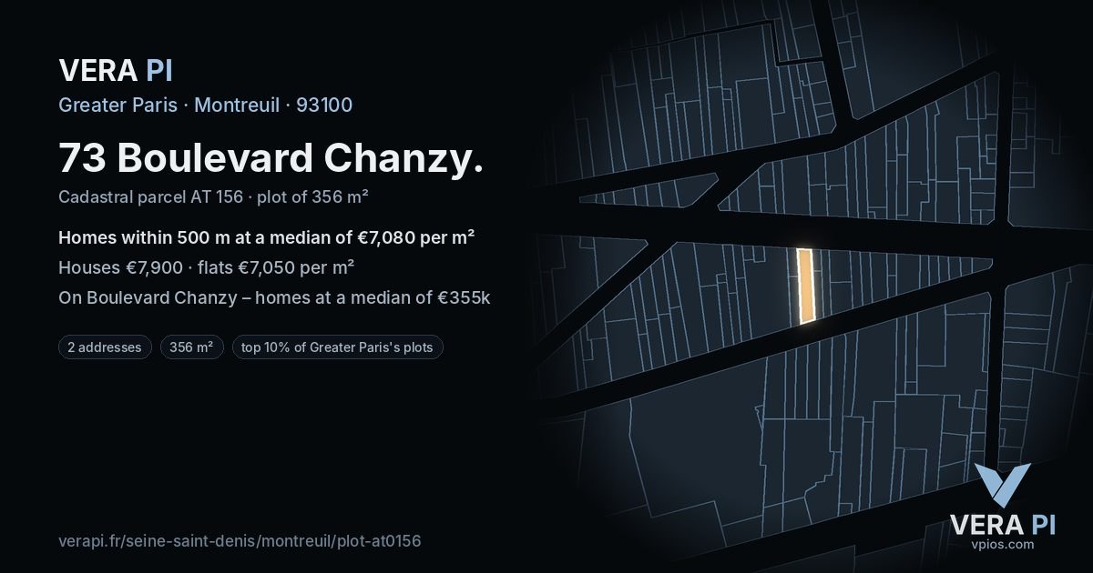 73 Boulevard Chanzy, Montreuil at night – the plot lit, the parcels around coloured by the prices near them