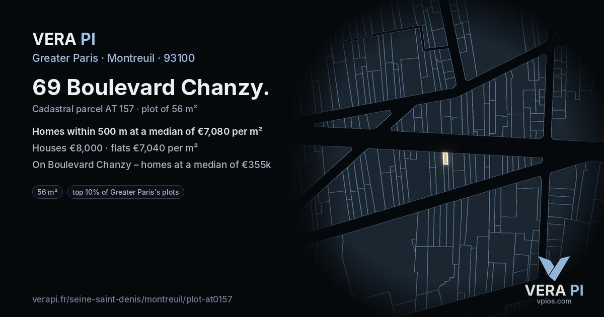 69 Boulevard Chanzy, Montreuil at night – the plot lit, the parcels around coloured by the prices near them