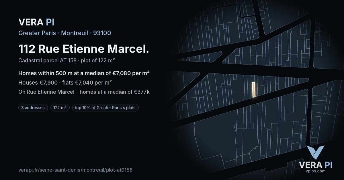 112 Rue Etienne Marcel, Montreuil at night – the plot lit, the parcels around coloured by the prices near them