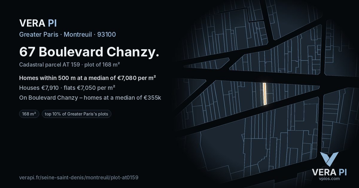 67 Boulevard Chanzy, Montreuil at night – the plot lit, the parcels around coloured by the prices near them
