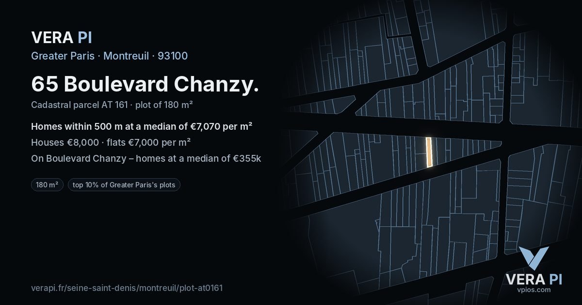 65 Boulevard Chanzy, Montreuil at night – the plot lit, the parcels around coloured by the prices near them