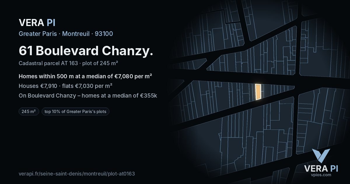61 Boulevard Chanzy, Montreuil at night – the plot lit, the parcels around coloured by the prices near them