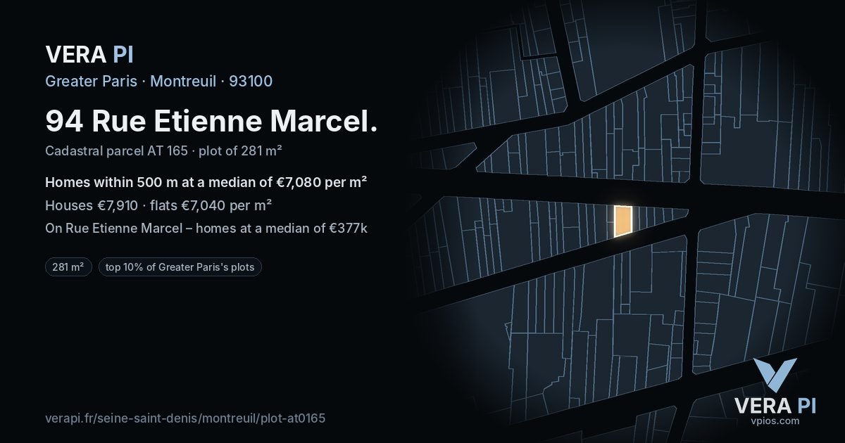 94 Rue Etienne Marcel, Montreuil at night – the plot lit, the parcels around coloured by the prices near them