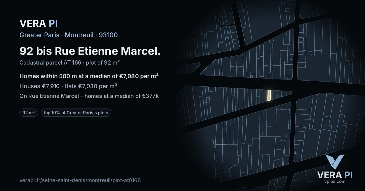 92 bis Rue Etienne Marcel, Montreuil at night – the plot lit, the parcels around coloured by the prices near them