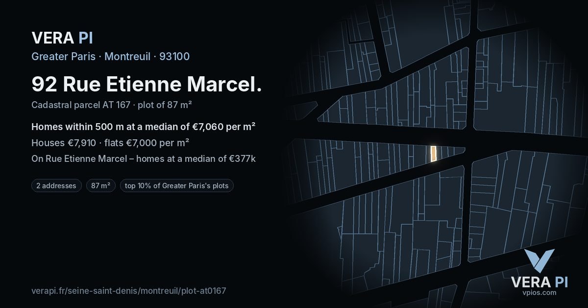 92 Rue Etienne Marcel, Montreuil at night – the plot lit, the parcels around coloured by the prices near them