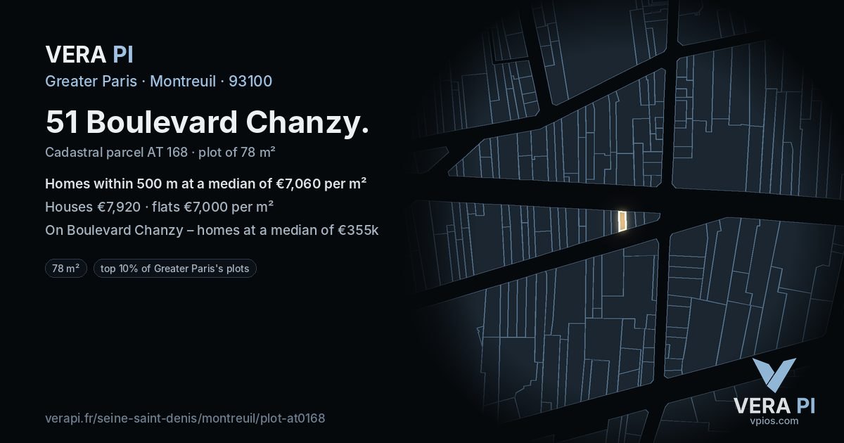 51 Boulevard Chanzy, Montreuil at night – the plot lit, the parcels around coloured by the prices near them