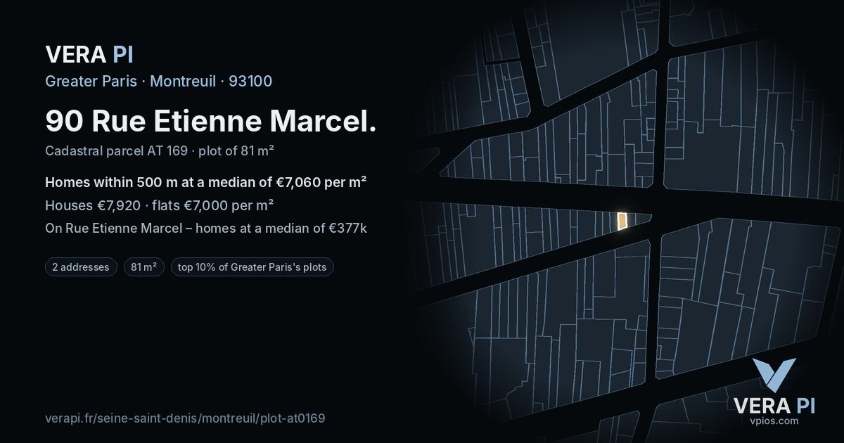 90 Rue Etienne Marcel, Montreuil at night – the plot lit, the parcels around coloured by the prices near them