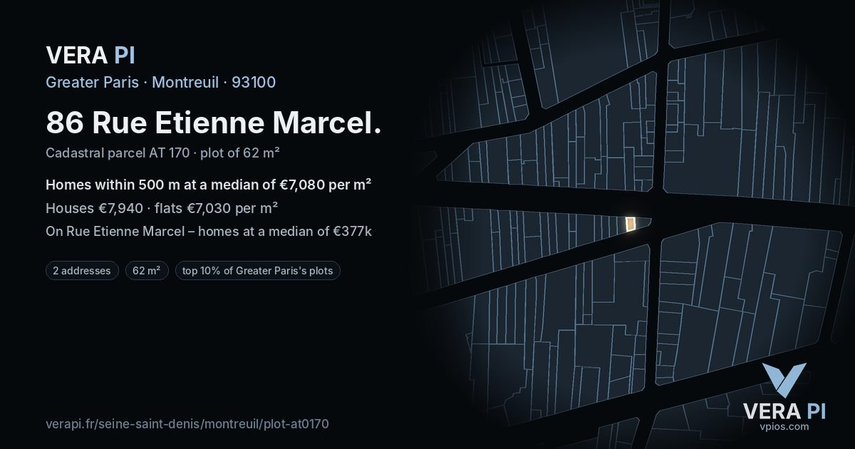 86 Rue Etienne Marcel, Montreuil at night – the plot lit, the parcels around coloured by the prices near them