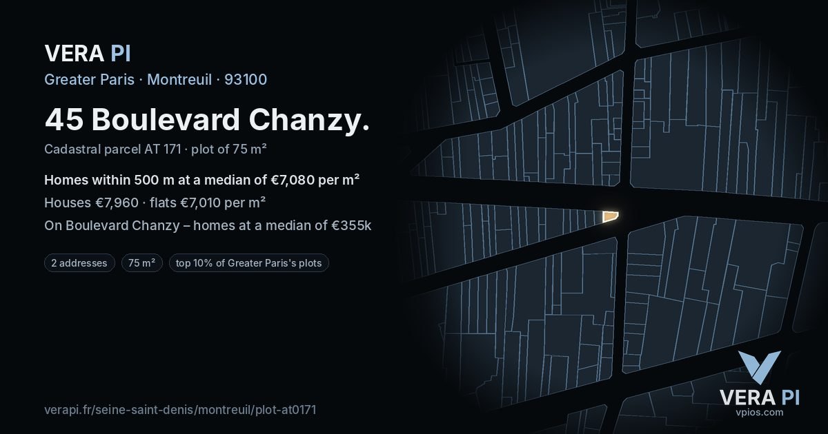 45 Boulevard Chanzy, Montreuil at night – the plot lit, the parcels around coloured by the prices near them