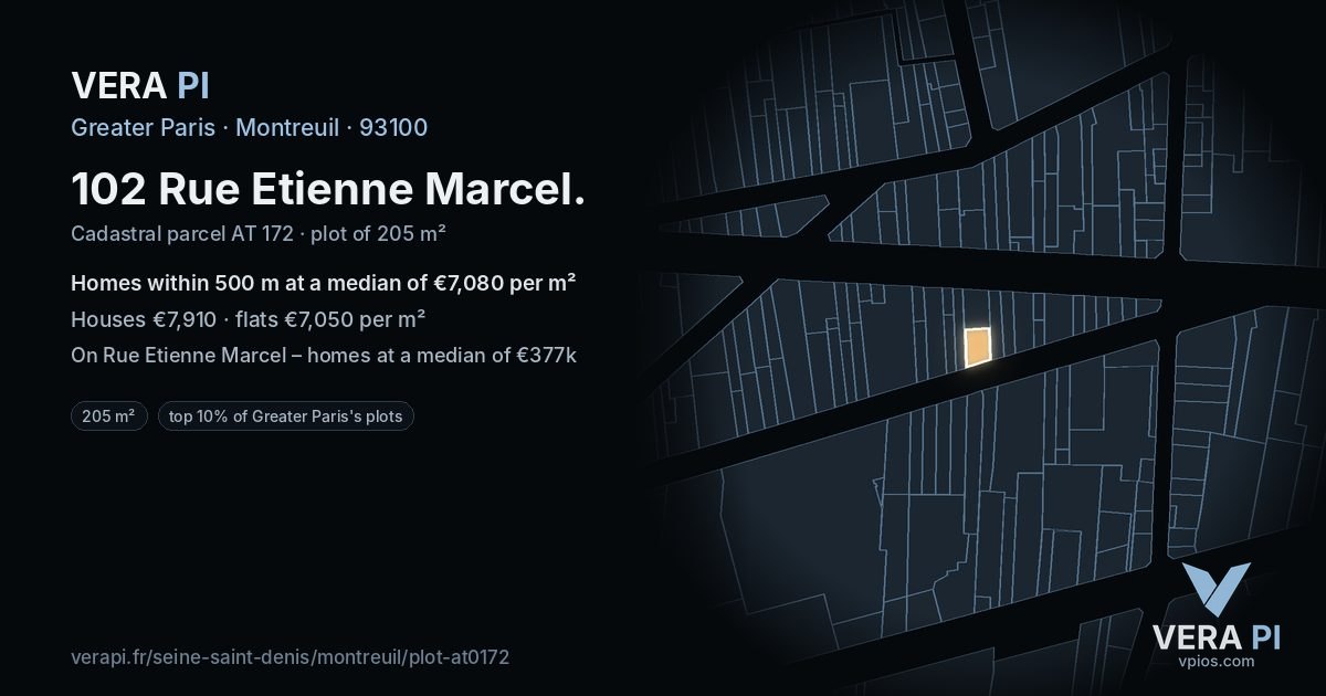 102 Rue Etienne Marcel, Montreuil at night – the plot lit, the parcels around coloured by the prices near them