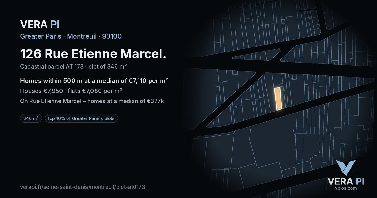 126 Rue Etienne Marcel, Montreuil at night – the plot lit, the parcels around coloured by the prices near them
