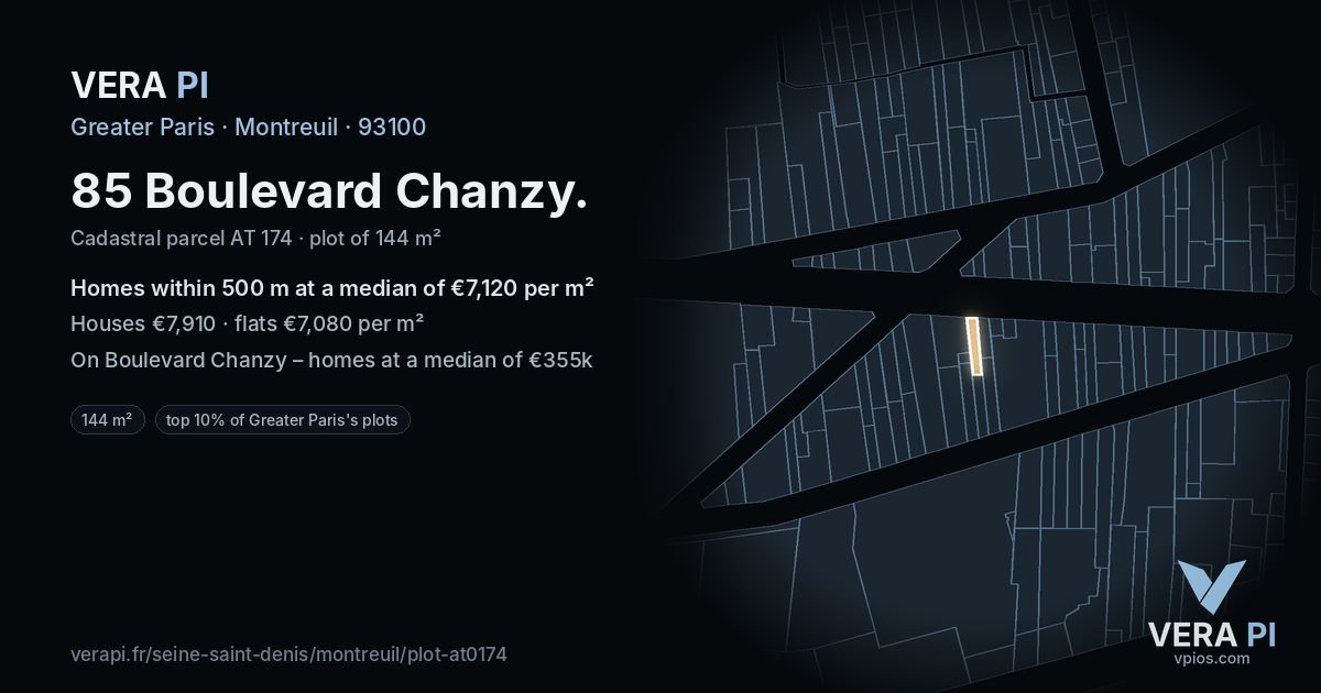 85 Boulevard Chanzy, Montreuil at night – the plot lit, the parcels around coloured by the prices near them