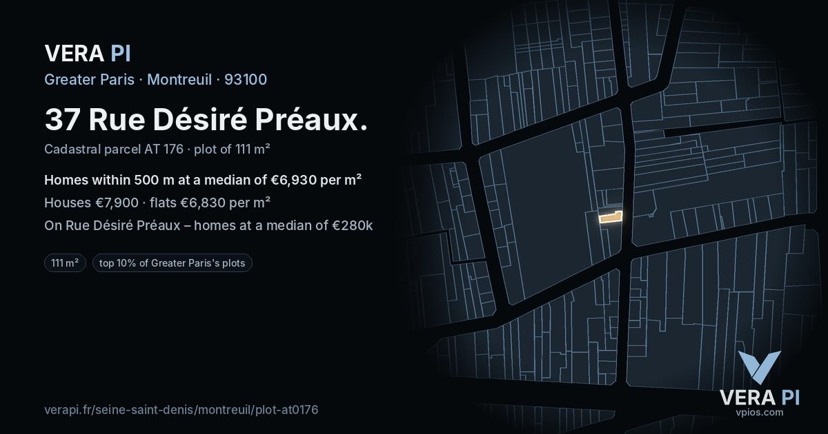 37 Rue Désiré Préaux, Montreuil at night – the plot lit, the parcels around coloured by the prices near them