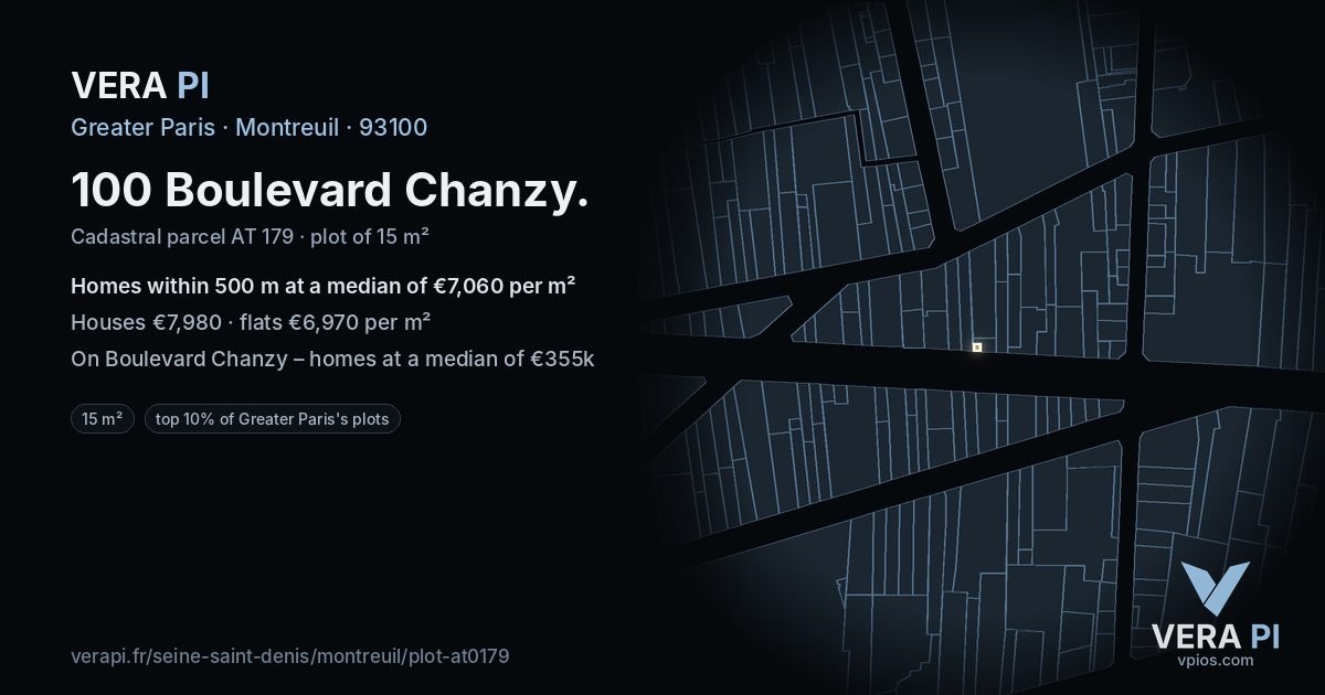100 Boulevard Chanzy, Montreuil at night – the plot lit, the parcels around coloured by the prices near them