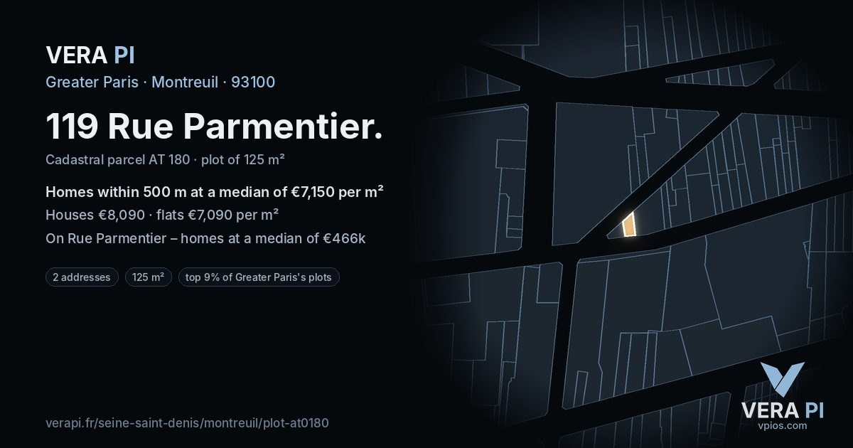 119 Rue Parmentier, Montreuil at night – the plot lit, the parcels around coloured by the prices near them