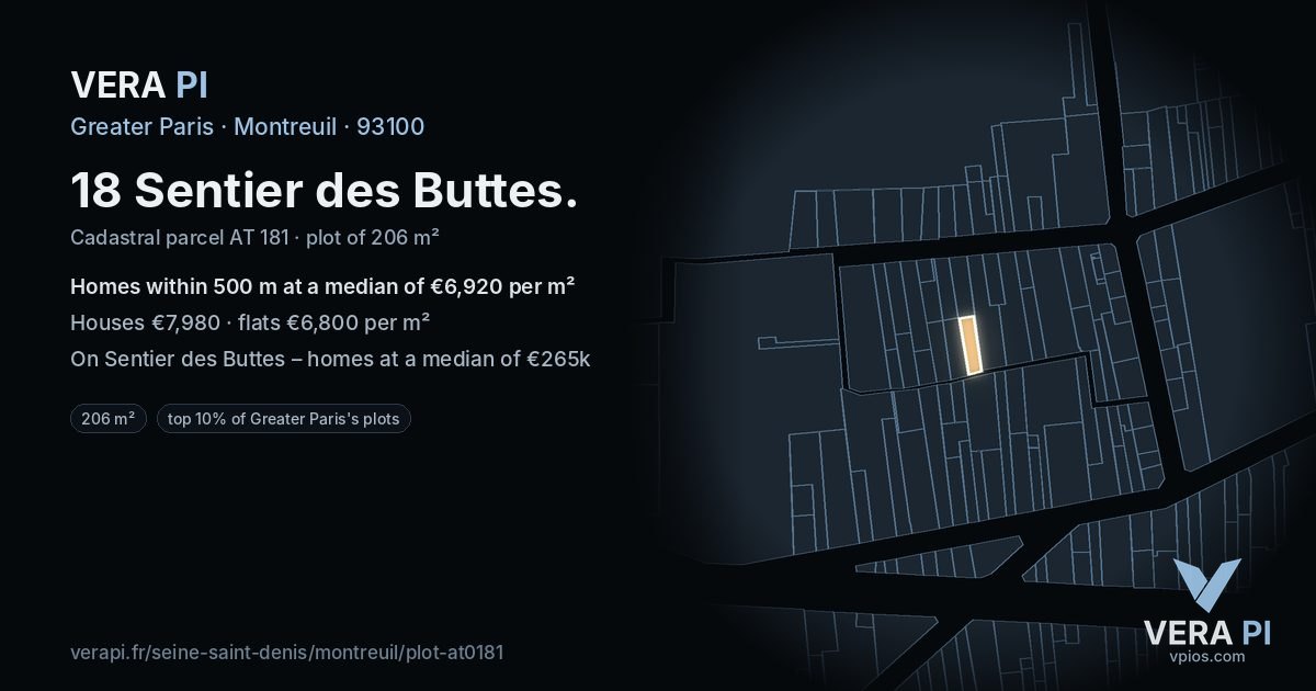 18 Sentier des Buttes, Montreuil at night – the plot lit, the parcels around coloured by the prices near them