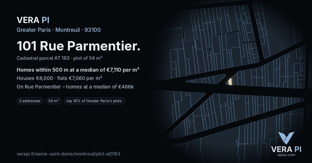 101 Rue Parmentier, Montreuil at night – the plot lit, the parcels around coloured by the prices near them