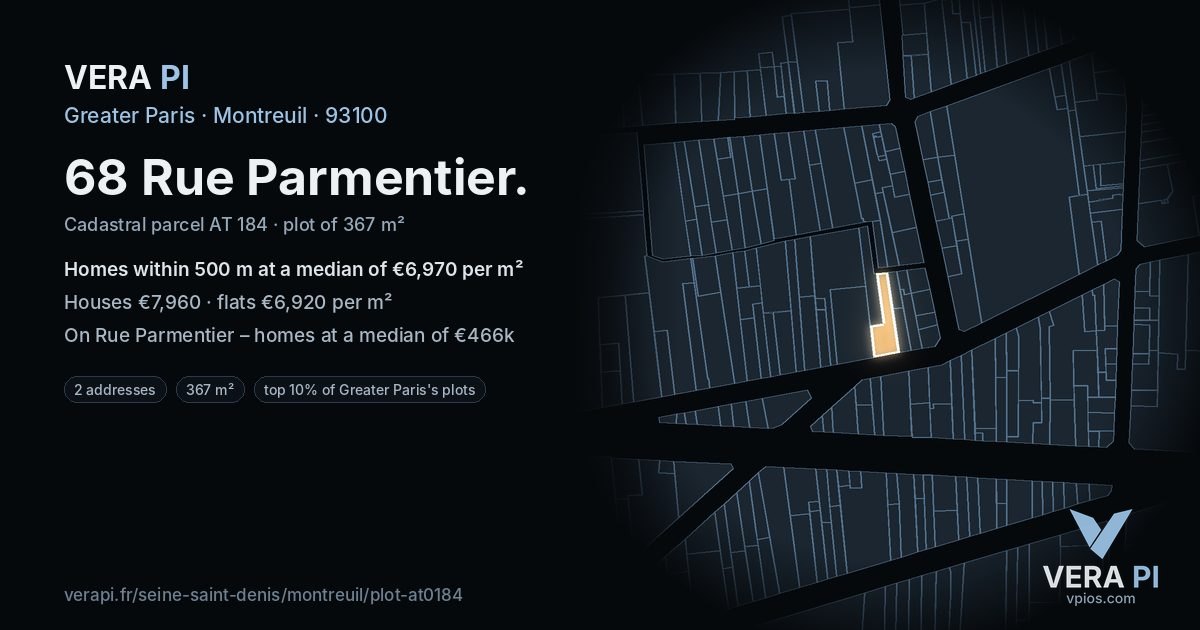 68 Rue Parmentier, Montreuil at night – the plot lit, the parcels around coloured by the prices near them