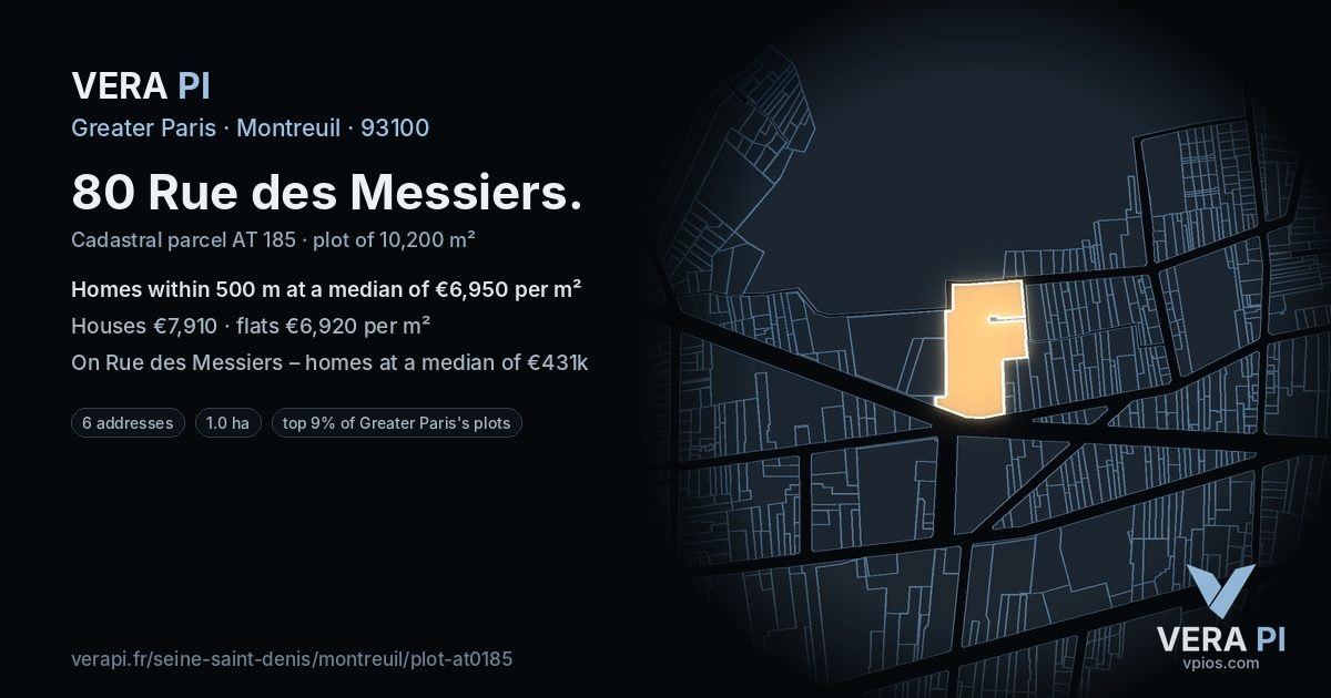 80 Rue des Messiers, Montreuil at night – the plot lit, the parcels around coloured by the prices near them