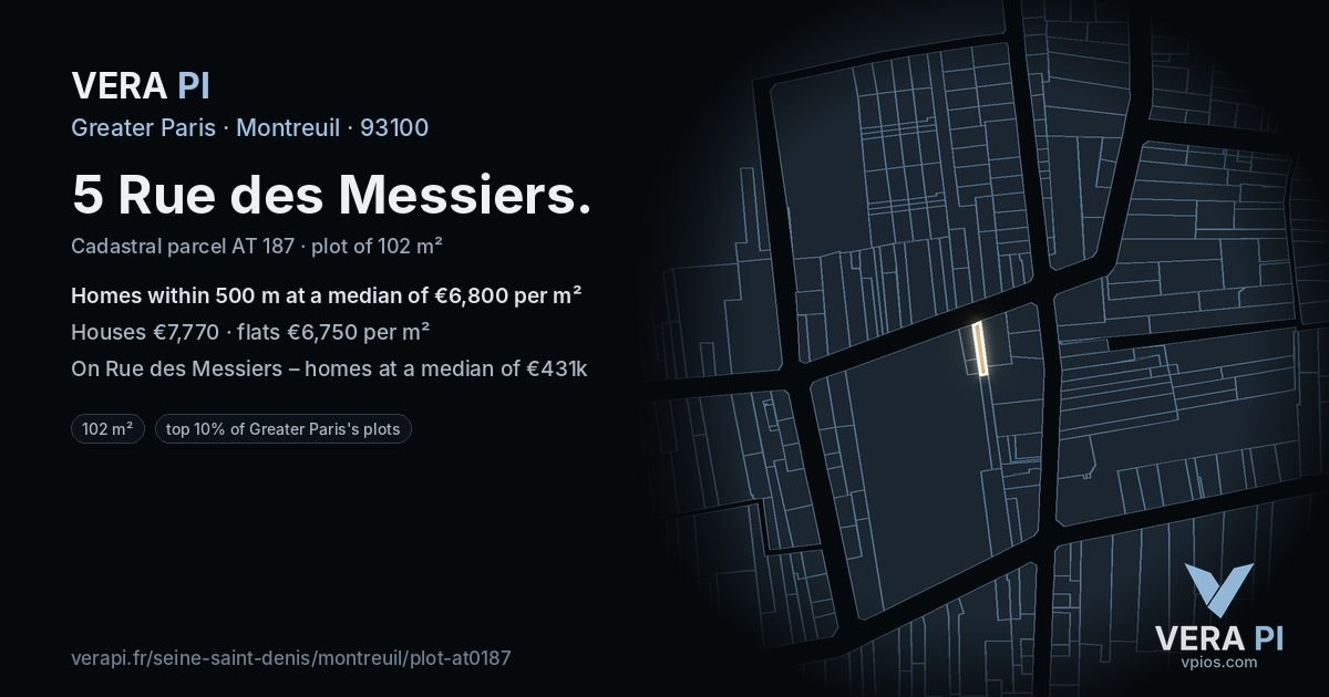 5 Rue des Messiers, Montreuil at night – the plot lit, the parcels around coloured by the prices near them