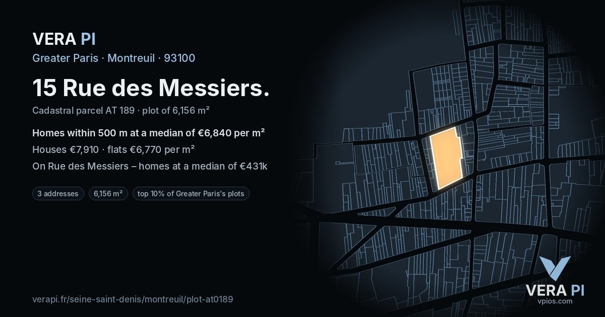 15 Rue des Messiers, Montreuil at night – the plot lit, the parcels around coloured by the prices near them