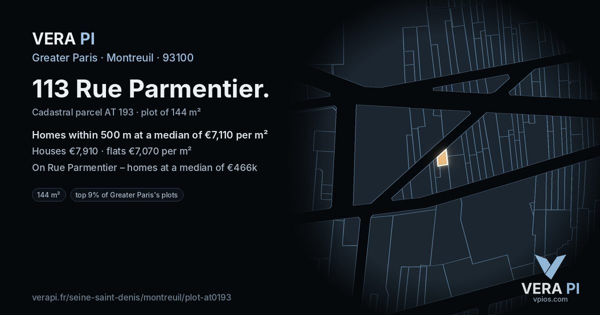 113 Rue Parmentier, Montreuil at night – the plot lit, the parcels around coloured by the prices near them