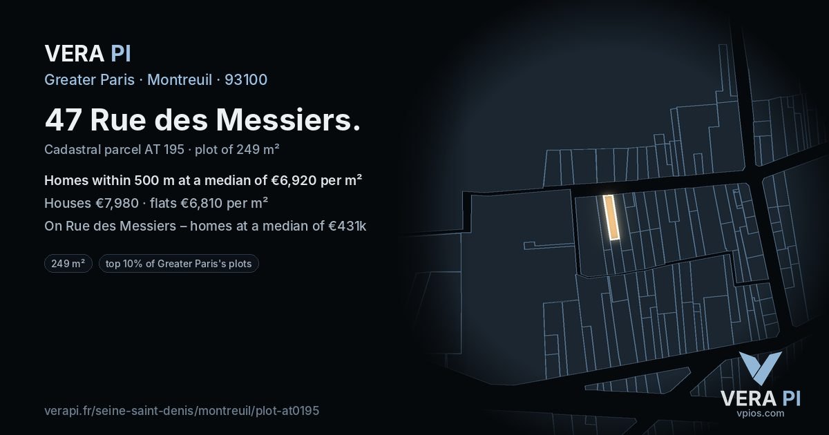 47 Rue des Messiers, Montreuil at night – the plot lit, the parcels around coloured by the prices near them