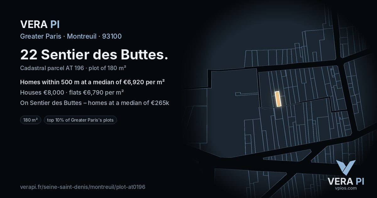 22 Sentier des Buttes, Montreuil at night – the plot lit, the parcels around coloured by the prices near them