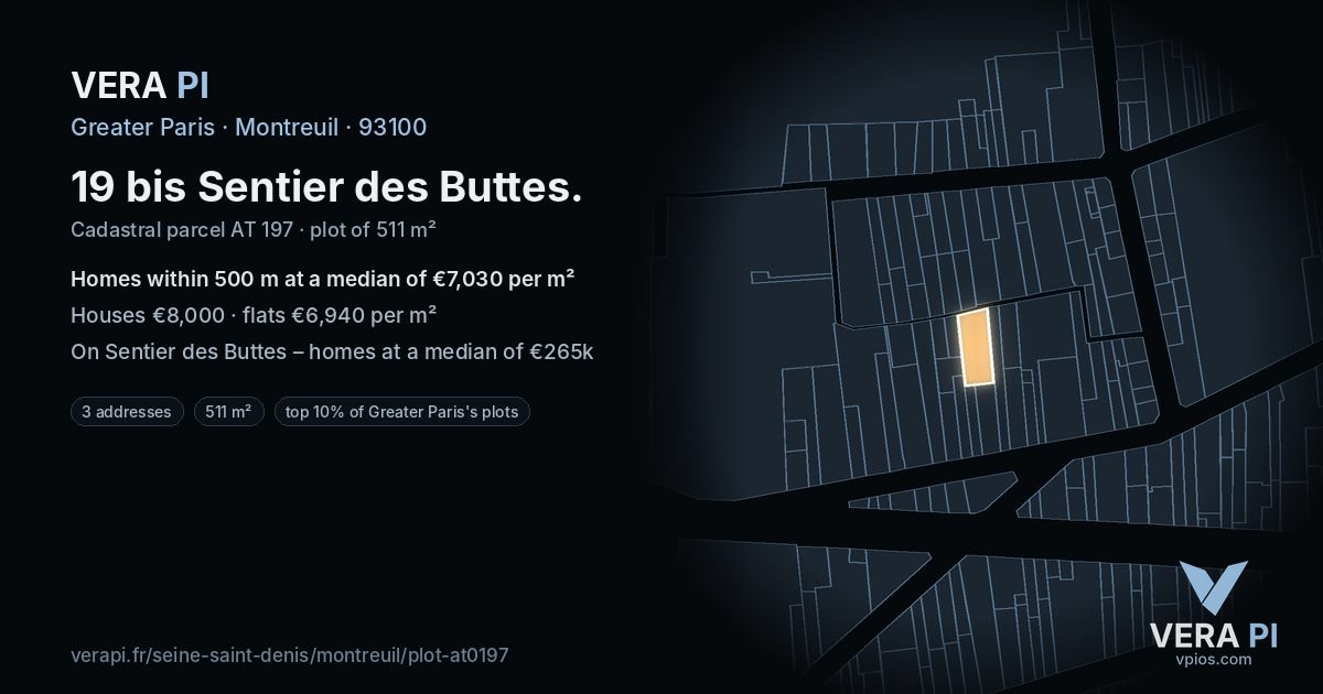 19 bis Sentier des Buttes, Montreuil at night – the plot lit, the parcels around coloured by the prices near them