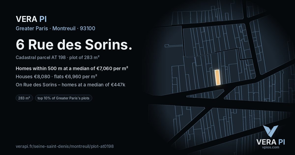 6 Rue des Sorins, Montreuil at night – the plot lit, the parcels around coloured by the prices near them