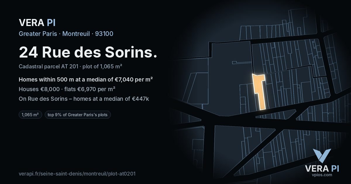 24 Rue des Sorins, Montreuil at night – the plot lit, the parcels around coloured by the prices near them