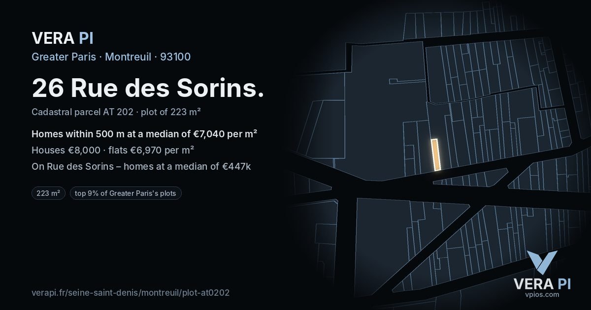 26 Rue des Sorins, Montreuil at night – the plot lit, the parcels around coloured by the prices near them