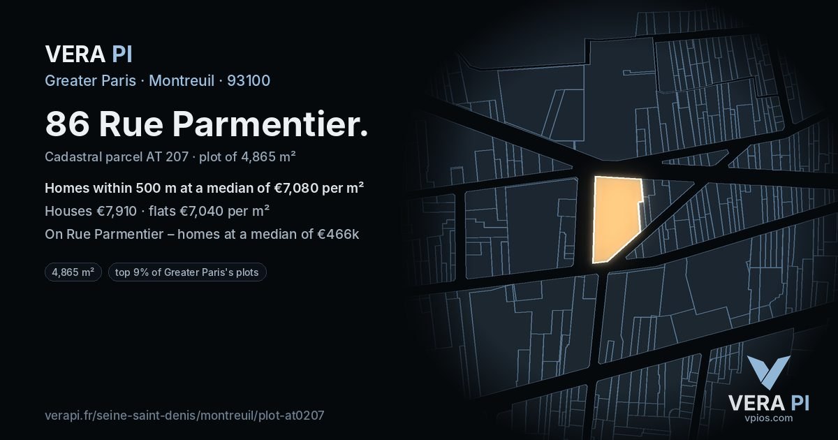 86 Rue Parmentier, Montreuil at night – the plot lit, the parcels around coloured by the prices near them