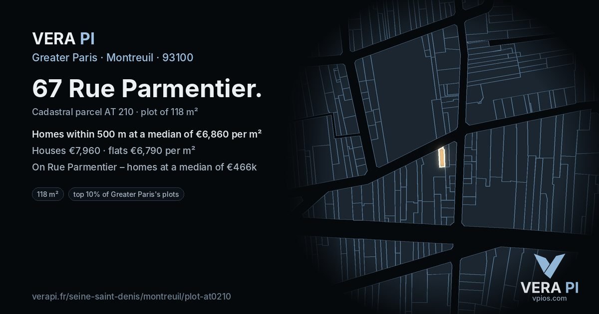 67 Rue Parmentier, Montreuil at night – the plot lit, the parcels around coloured by the prices near them
