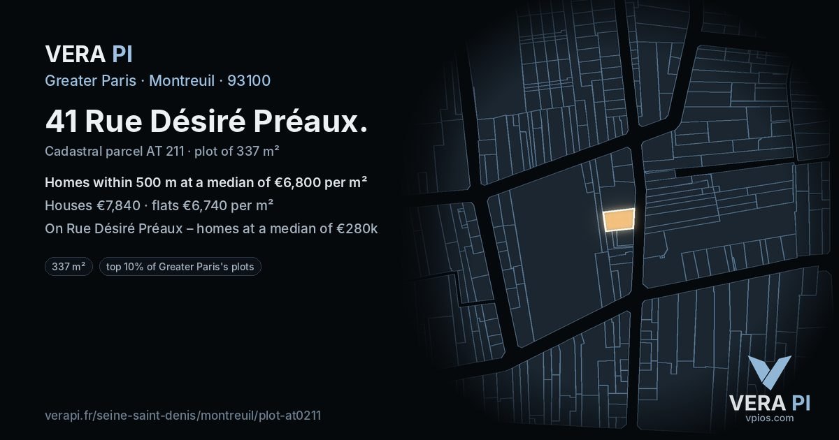 41 Rue Désiré Préaux, Montreuil at night – the plot lit, the parcels around coloured by the prices near them
