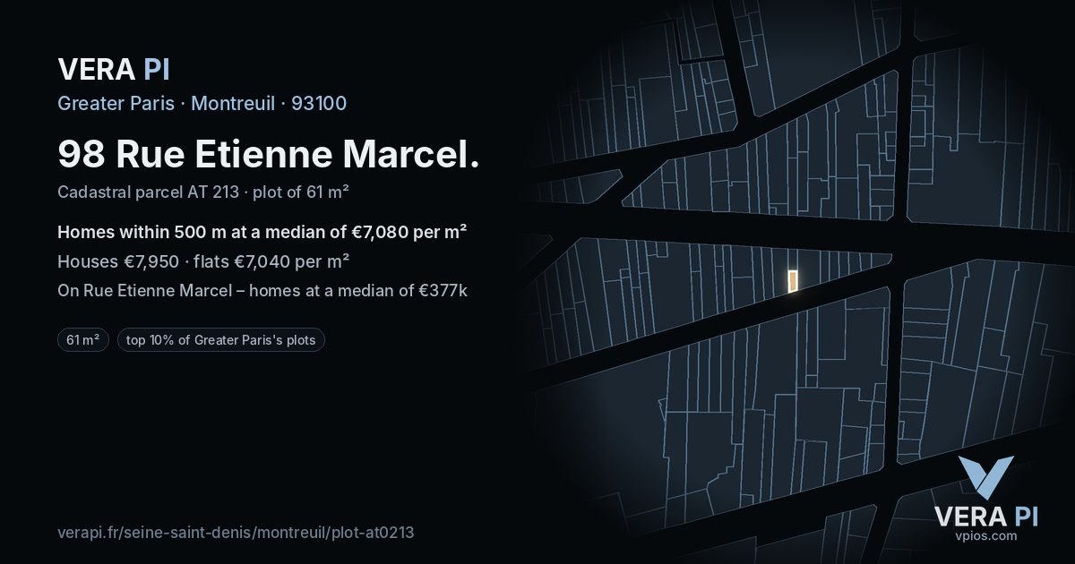 98 Rue Etienne Marcel, Montreuil at night – the plot lit, the parcels around coloured by the prices near them