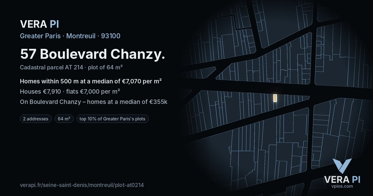 57 Boulevard Chanzy, Montreuil at night – the plot lit, the parcels around coloured by the prices near them
