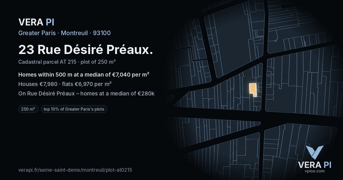 23 Rue Désiré Préaux, Montreuil at night – the plot lit, the parcels around coloured by the prices near them