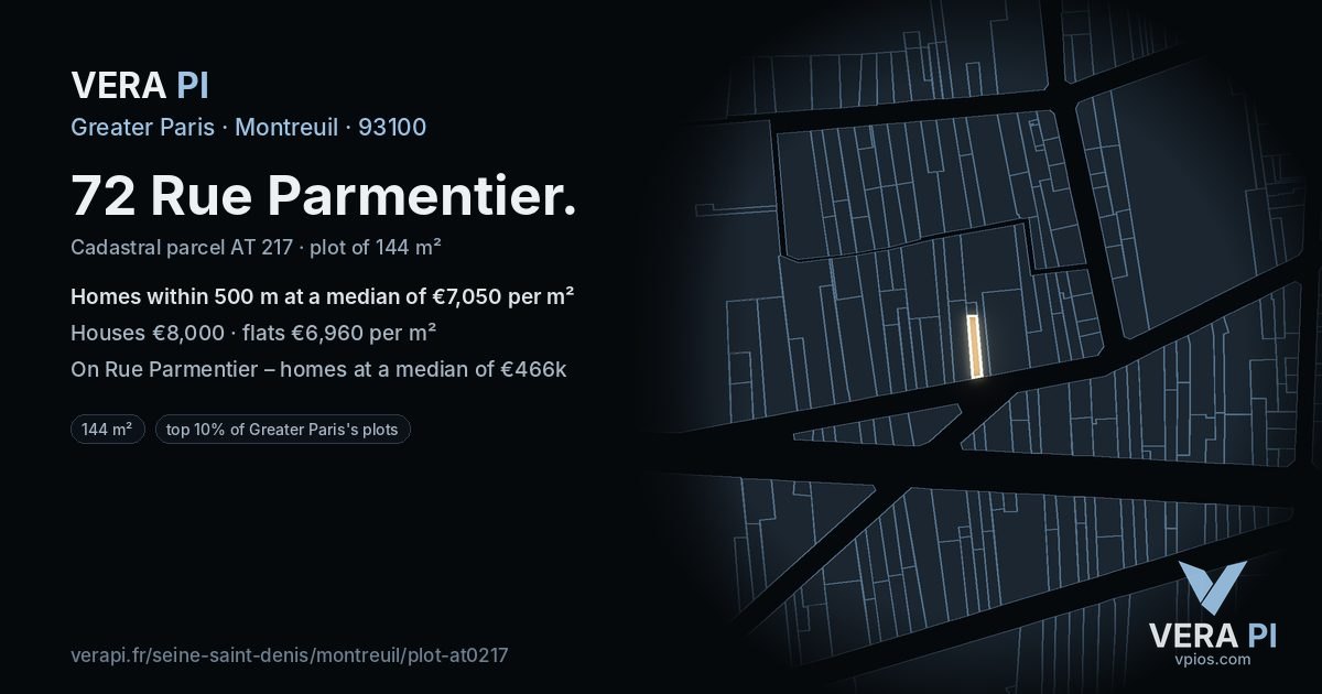 72 Rue Parmentier, Montreuil at night – the plot lit, the parcels around coloured by the prices near them