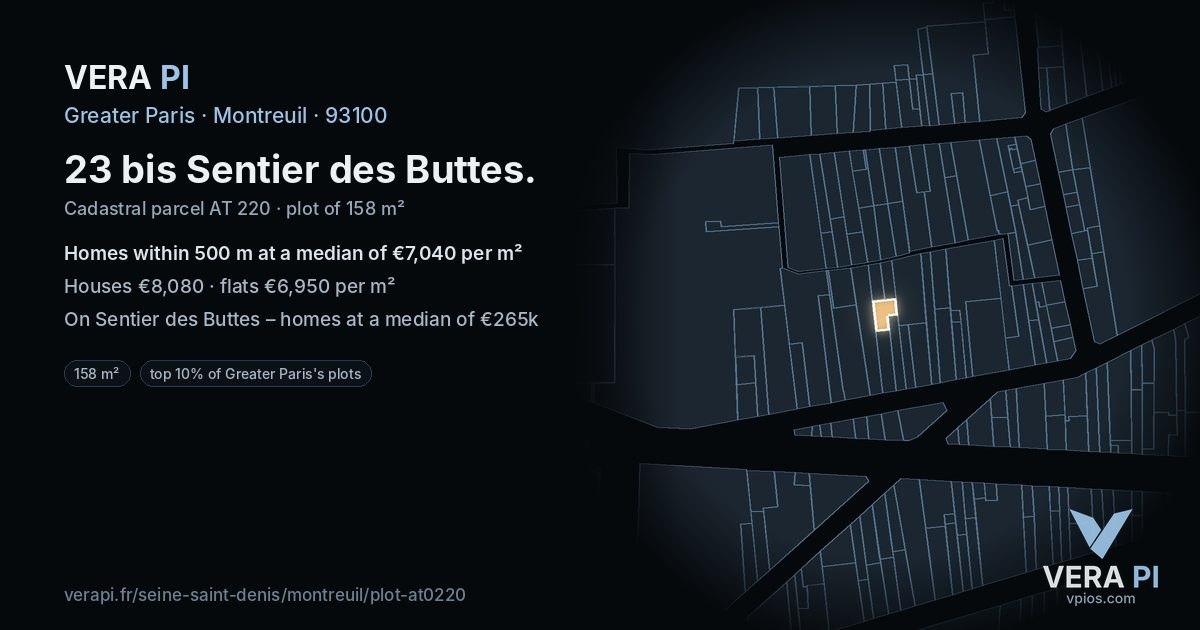 23 bis Sentier des Buttes, Montreuil at night – the plot lit, the parcels around coloured by the prices near them