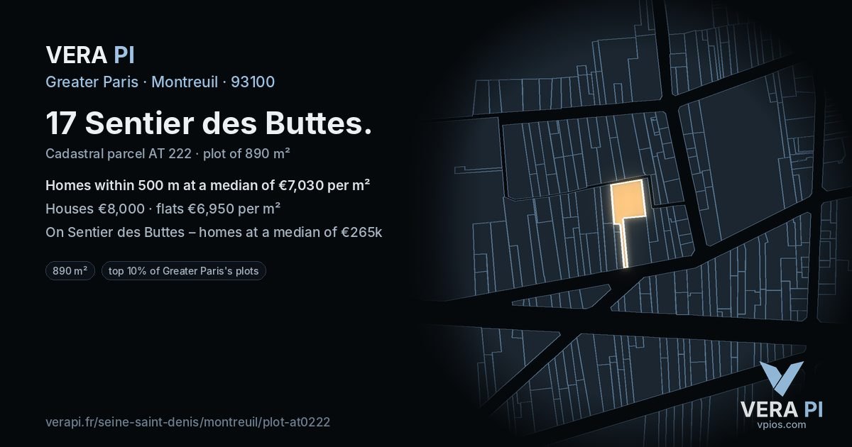 17 Sentier des Buttes, Montreuil at night – the plot lit, the parcels around coloured by the prices near them