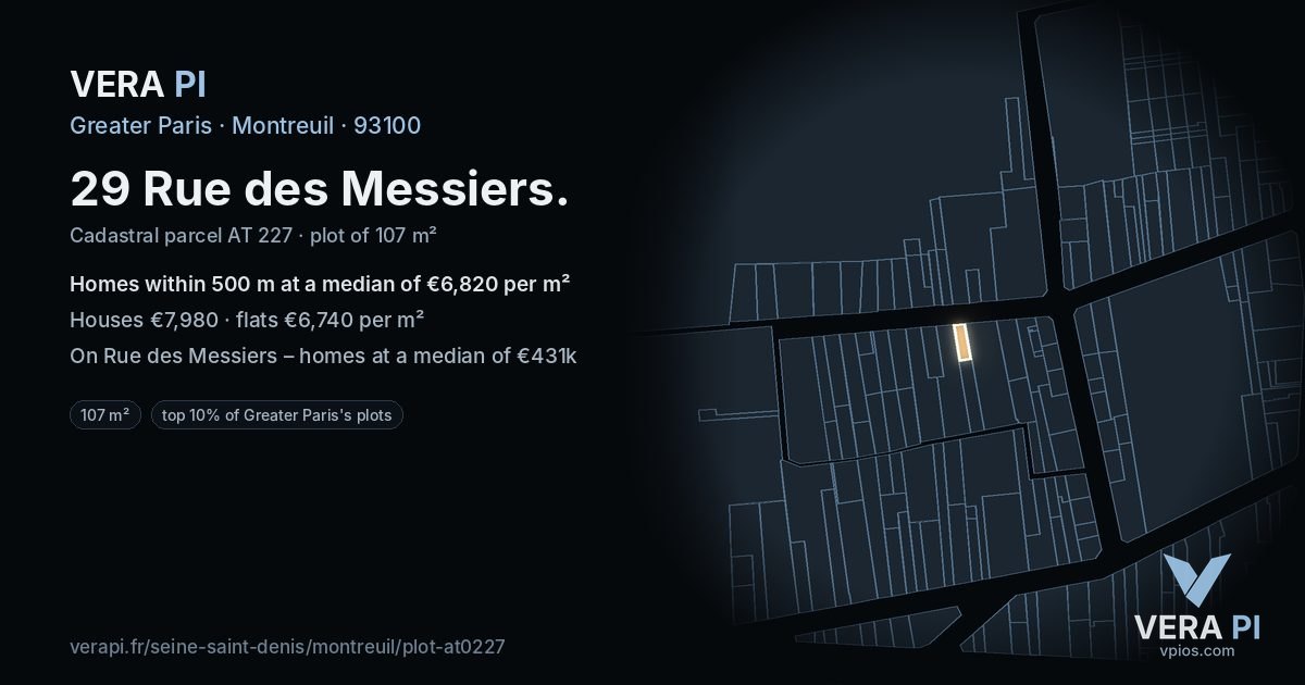 29 Rue des Messiers, Montreuil at night – the plot lit, the parcels around coloured by the prices near them