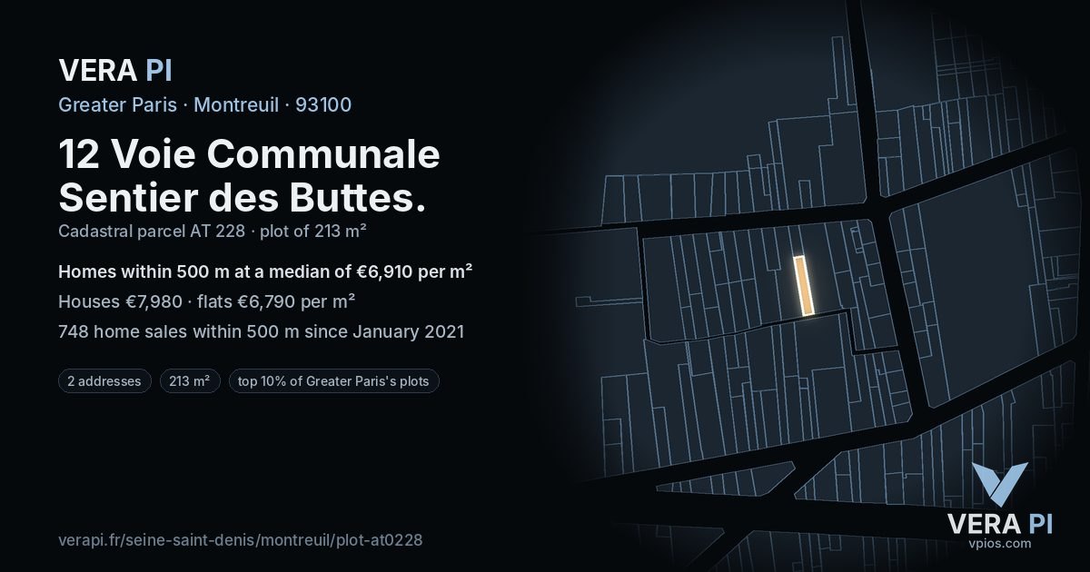 12 Voie Communale Sentier des Buttes, Montreuil at night – the plot lit, the parcels around coloured by the prices near them