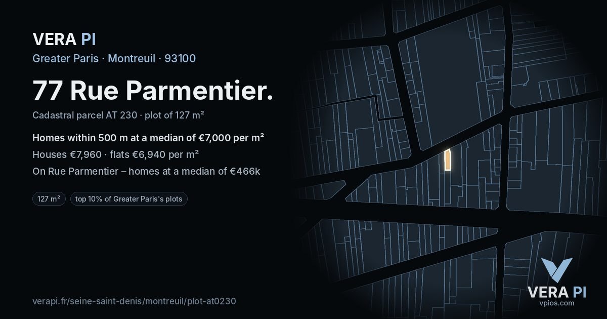 77 Rue Parmentier, Montreuil at night – the plot lit, the parcels around coloured by the prices near them